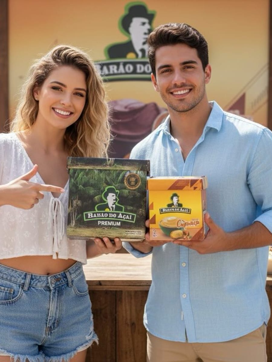 Casal em quiosque de praia segurando as caixas de Açaí Premium e Creme de Cupuaçu da Barão do Açaí